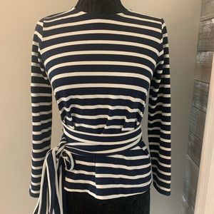 J Crew navy & white pinstripe wrap top. Size S